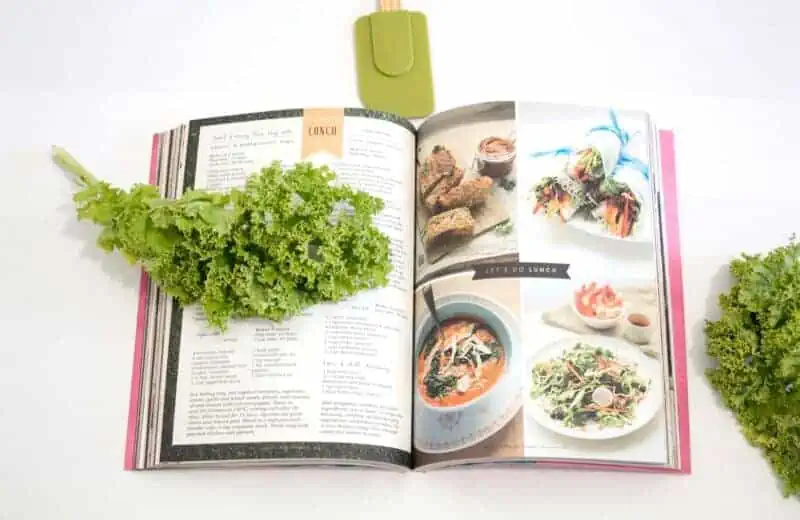 um livro de dieta para candidíase aberto sob a mesa com alimentos antifúngicos em volta