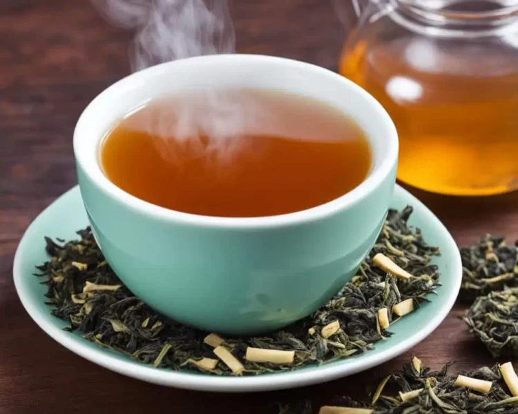 uma xicara de chá antifúngico sob um pires coberto com ervas medicinais