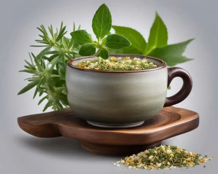 xicara de chá antifúngico contra candidíase sob o pires com ervas e plantas medicinais