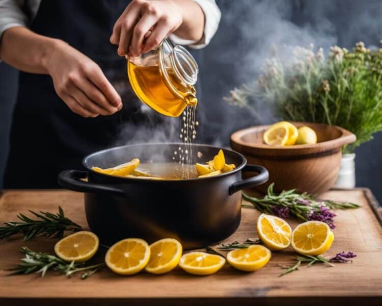 homeme preparando o chá com plantas medicinais da equinacea, limão e outros antifúngicos naturais na panela com agua fervente