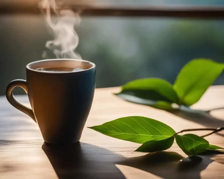 xicara de chá antifúngico com plantas de Crajiru sob a mesa