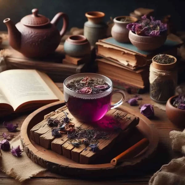 livro de receitas e xicara de chá de ipê roxo contra fungos