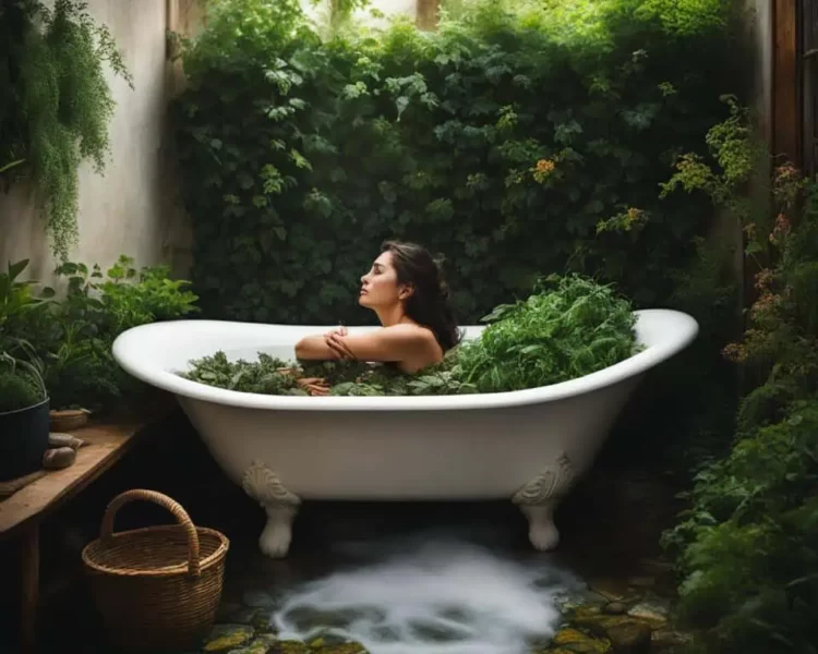 mulher sentada em uma banheia cercada de plantas medicinais