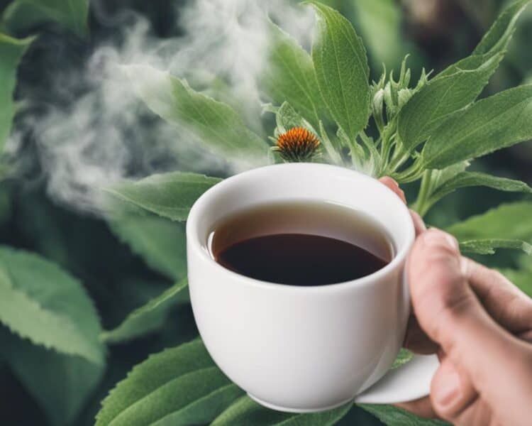 plantas de equinacea e chá antifúngico contra candidíase em um cenário com vapor do chá na xicara