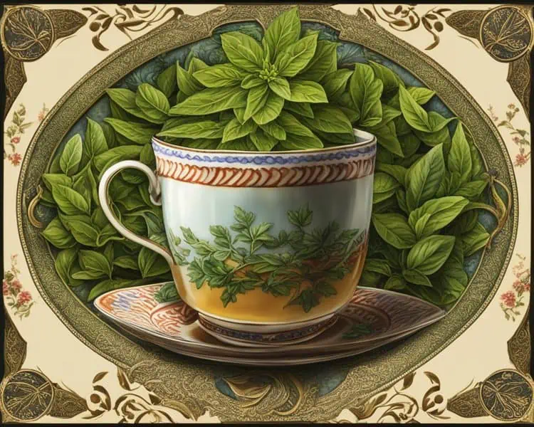xicara de chá de oregano ornamentada com as folhas da planta medicinal