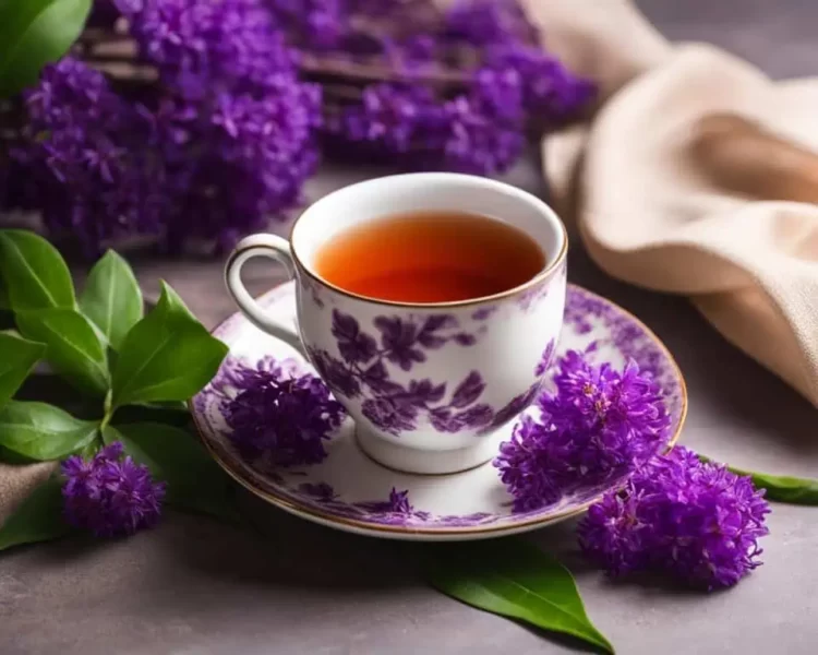 xicara elegante de chá antifúngico com folhas da planta ipê roxa