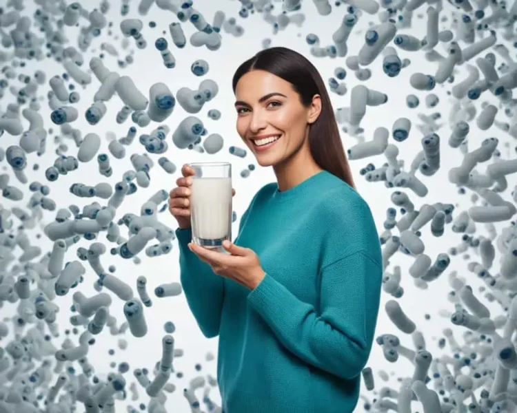 mulher com sorriso no rosto segurando um copo de kefir utilizado como parte do tratamento