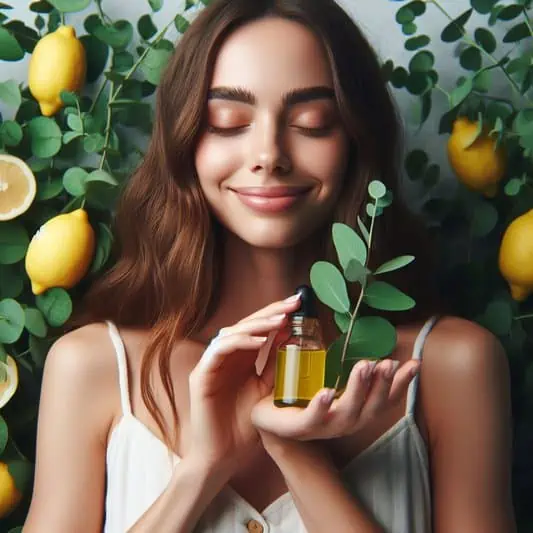 imagem de uma mulher com sorriso de satisfação segurando o óleo essencial de eucalipto-limão e uma arvore da planta natural com seus frutos ao fundo