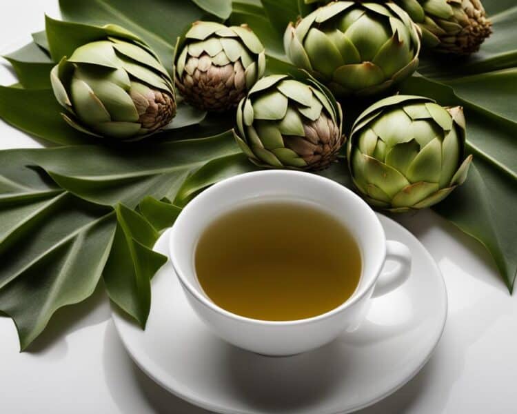 alcachofras sobre a mesa e uma xicara do chá antifúngico feito com a planta medicinal