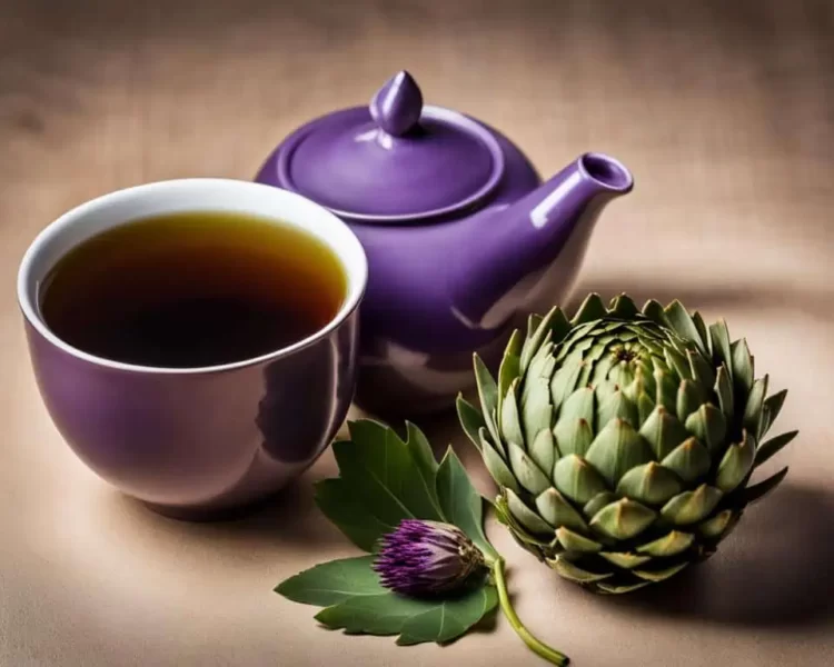 bule de chá utilizado para preparo de chás e uma planta e fruto da alcachofra utilizados para o chá contra a candidíase