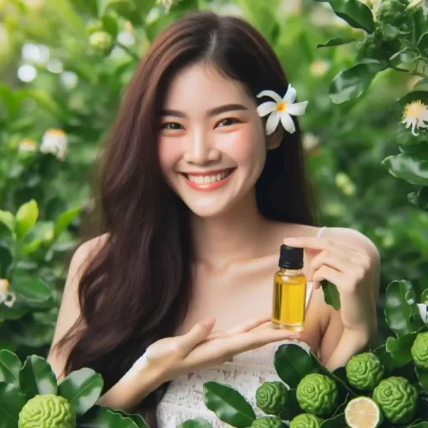 imagem de uma mulher segurando um frasco do óleo de bergamota em um jardim com plantas da bergamota e seus frutos espalhados.