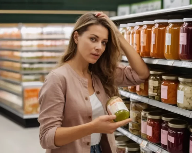 mulher no supermercado escolhendo alimentos probióticos na prateleira