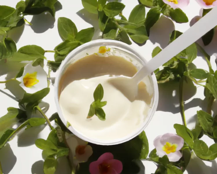 pote de iogurte vivo com probióticos em uma mesa com plantas e flores.