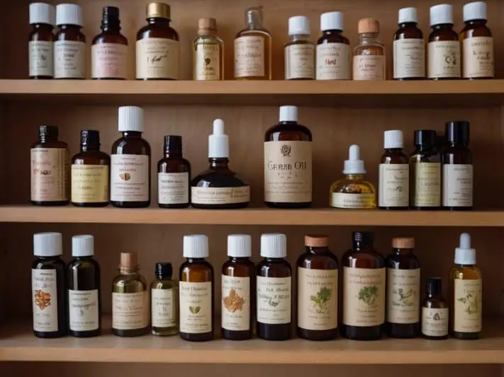imagem de uma estante cheia de óleos medicinais diferentes com plantas e fitoterápicos nos rótulos dos frascos.