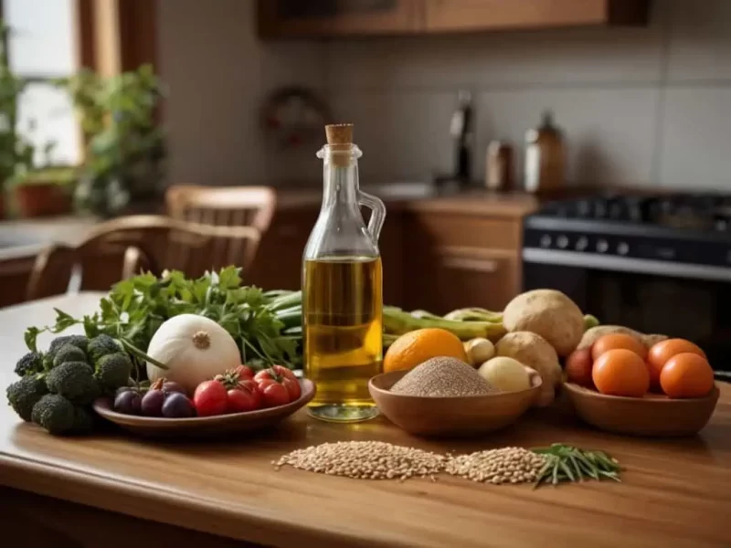 imagem de uma mesa de cozinha cheia de ingredientes antifúngicos da alimentação, incluindo graos de gergelim e seu óleo essencial