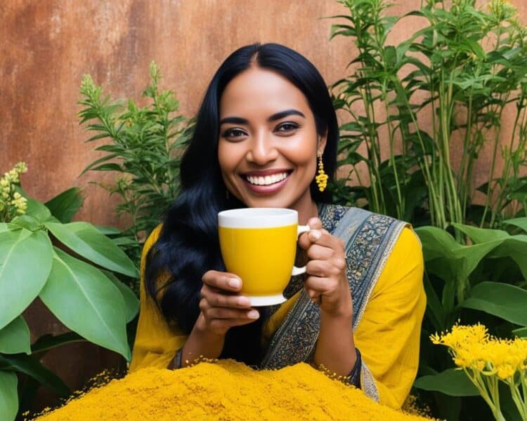 mulher sorridente segurando uma xicara de chá de cúrcuma contra candidíase