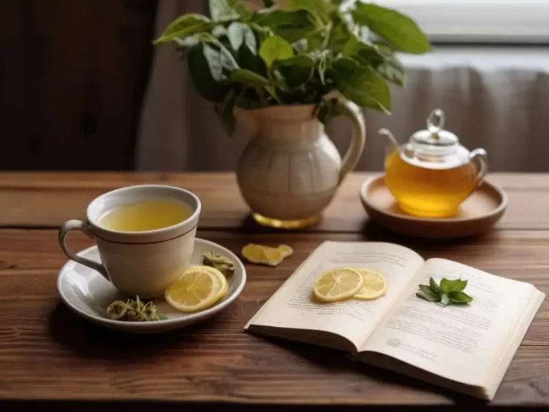 um livro medicinal sob a mesa e uma chicara de chá com rodelas de bergamota
