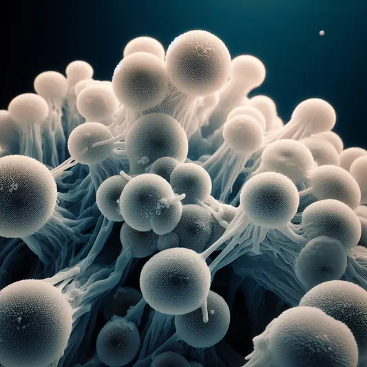 uma imagem por microscópio mostrando as leveduras da Candida albicans crescendo