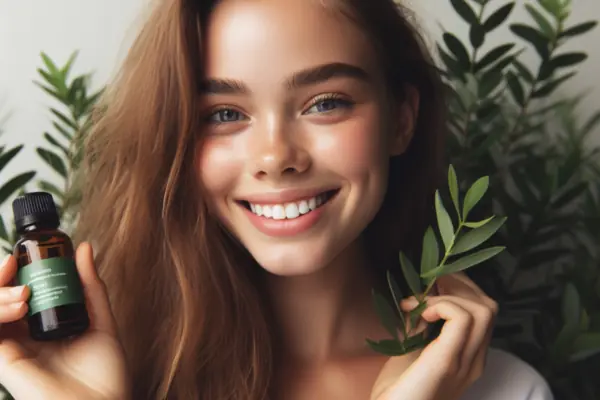 garota segurando um frasco de óleo antifúngico de melaleuca em uma mão e um ramo da planta medicinal na outra com um sorriso no rosto