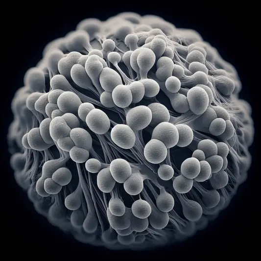 colonias de fungoc do tipo Candida albicans aglutinados e vistos por microscópio