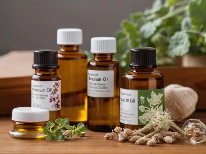 frascos com diferentes óleos antifúngicos utilizados em tratamentos para caniddíase e ervas e plantas medicinais espalhadas sobre a mesa.