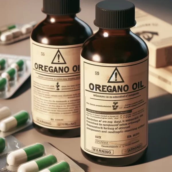 frascos de remédio escrito óleo de oregano com símbolo de alerta no rótulo.