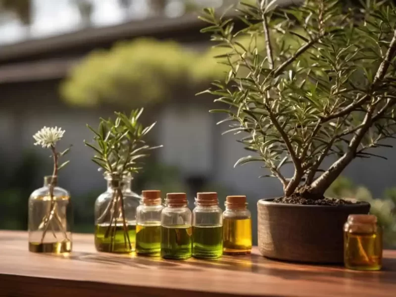 uma mesa de madeira com diferentes plantas medicinais e  frascos de remédios caseiros contra afungos Candida