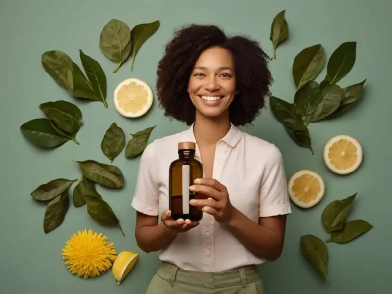 imagem de uma mulher sorridente mostranso o óleo essencial de bergamota contra candidíase com um fundo com as folhas e frutos da planta medicinal