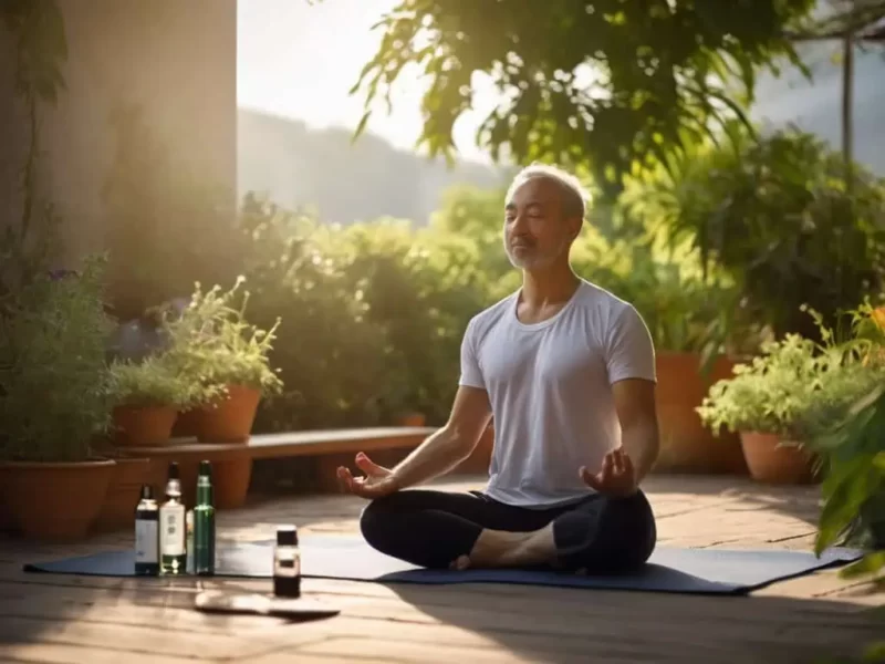 homem praticando meditação ao lado de frascos de óleos antifúngicos medicinais
