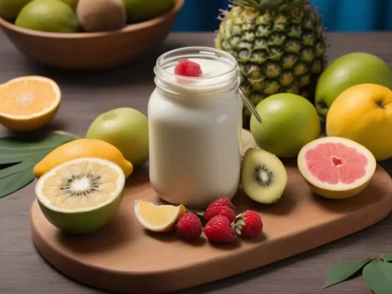 Um frasco de iogurte vivo cercado de frutas sob uma tabua de madeira sob a mesa