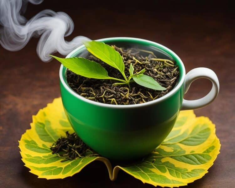 uma xicara de chá antifungica preparada com plantas medicinais sob uma folha verde
