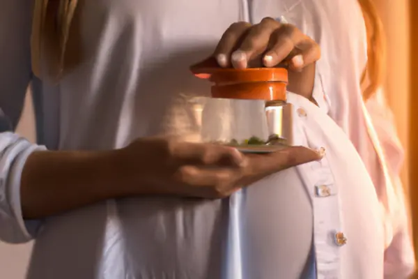mulher gravida segurando um frasco de remédio antifúngico natural