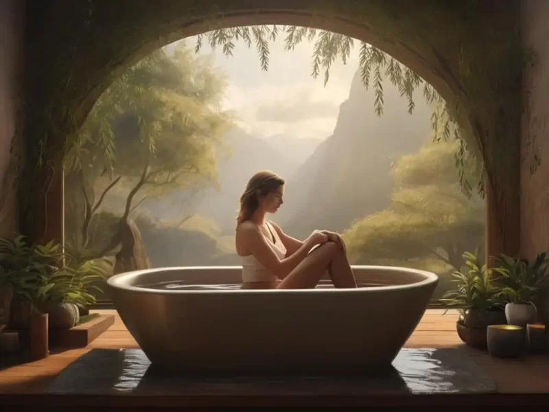 mulher relaxando em uma banheira realizando o banho de assento com melaleuca para candidíase