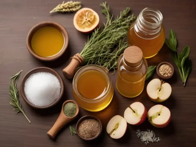ingredientes apra fazer a receita caseira de banho de assendo com bicarbonato para candidíase, incluindo vinagre de maçã, plantas de chá e óleos