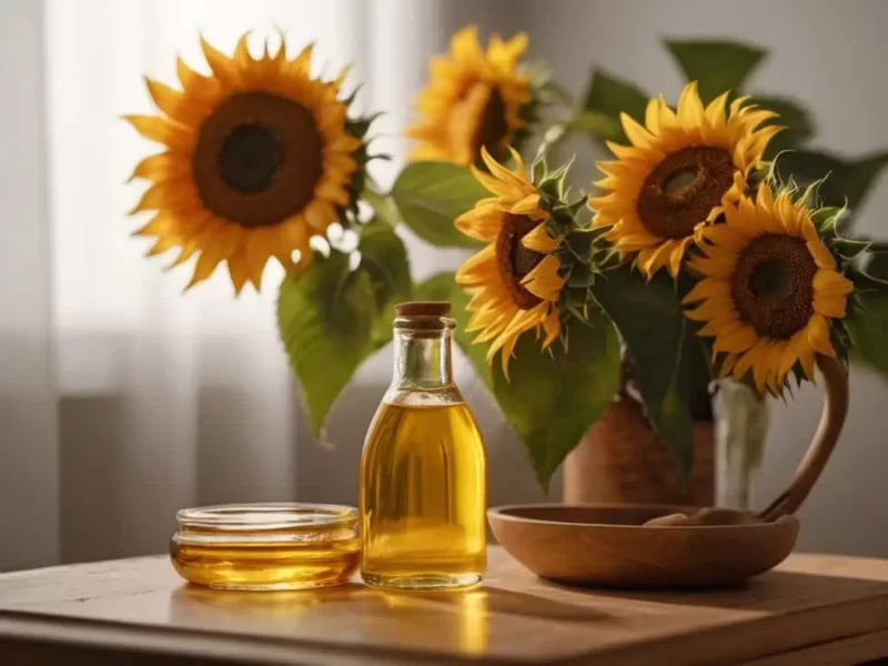 uma imagem de um vaso de girassóis em uma mesa e um frascod e seu óleo essencial utilizado contra candidíase