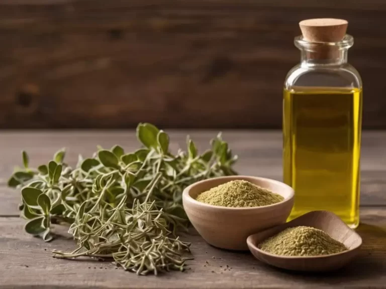 A planta Origanum vulgare sob a mesa ao lado de frascos de madeira com oregano em chá e um frasco de óleo essencial de oregano utilizado como antifúngico em tratamentos.