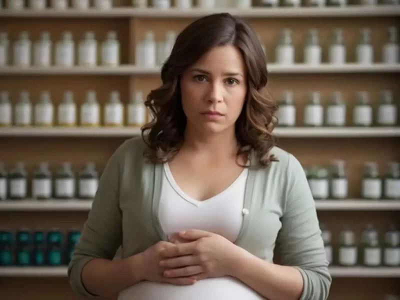 mulher gravida com cara de dúvidas sobre a melaleuca e uma prateleira de remédios naturais de fundo