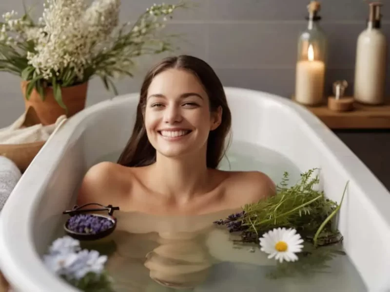 mulher sorridente na banheira fazendo banho com óleo essencial de melaleuca para combater fungos