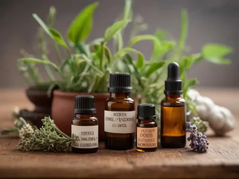 frascos com variedades de óleos essenciais contra candidíase sob a mesa com plantas medicinais.