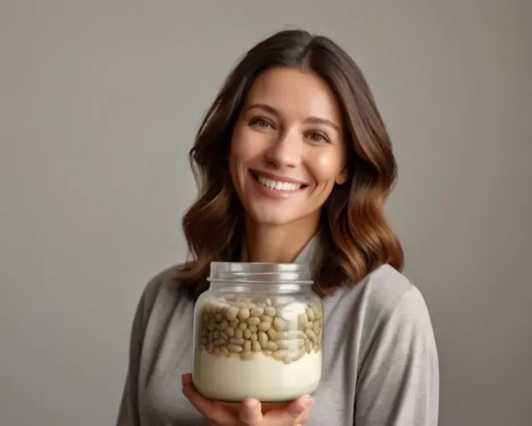 mulher sorridente apresentando um pote de probiótico fermentado utilizado em tratamentos para candidíase