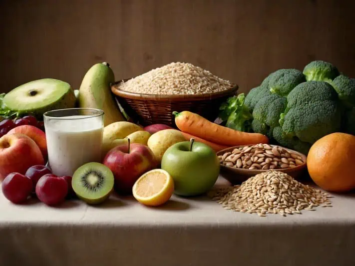 imagem de uma mesa cheia de frutas, grãos, verduras e outros alimentos da dieta para candidíase
