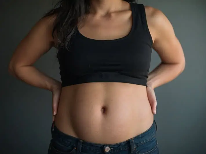 mulher grávida msotrando a barriga descoberta