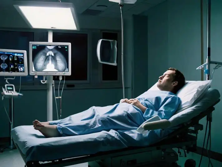 homem hospitalizado com candidíase esofágica e um exame de imagem no monitor mostrando o esofago infectado por fungos Candida.