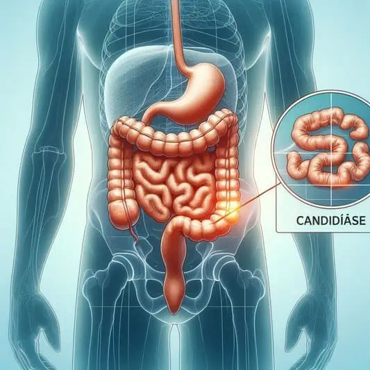 imagem ilustrada de um corpo humano transparente destacando o intestino inflamado pela infecção por candidíase