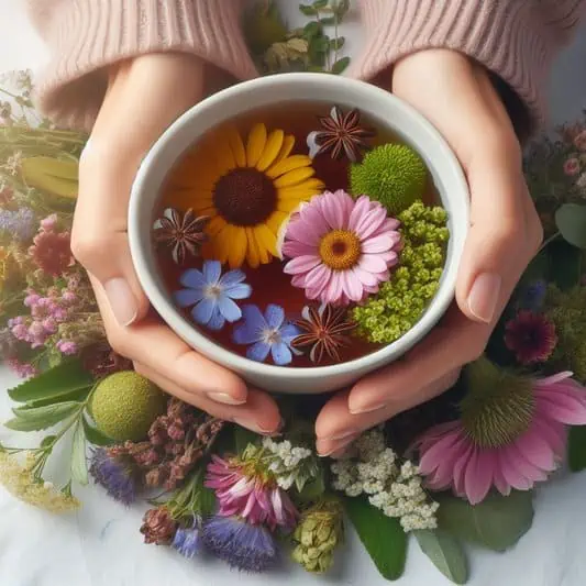 mãos segurando uma xicara de chá antifúngico e plantas medicinais jogadas sob a mesa.