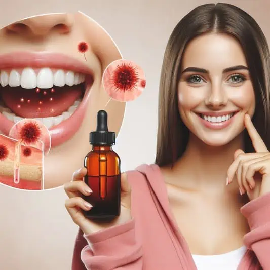 imagem de uma mulher sorridente segurando um frasco de óleo antifúngico e de fundo a imagem de uma toma com infecção por candidíase oral