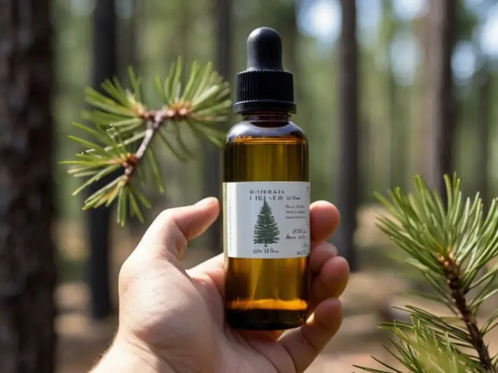 imagem de mãos mostrando o óleo de pinheiro siberiano e de fundo a floresta com arvores da planta medicinal.