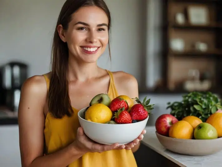 imagem de uma mulher segurando um pires com frutas permitidas na dieta para candidíase