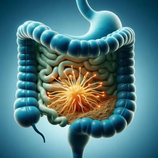 ima imagem ilustrativa de um intestino humano com um fungo ao meio de bacterias