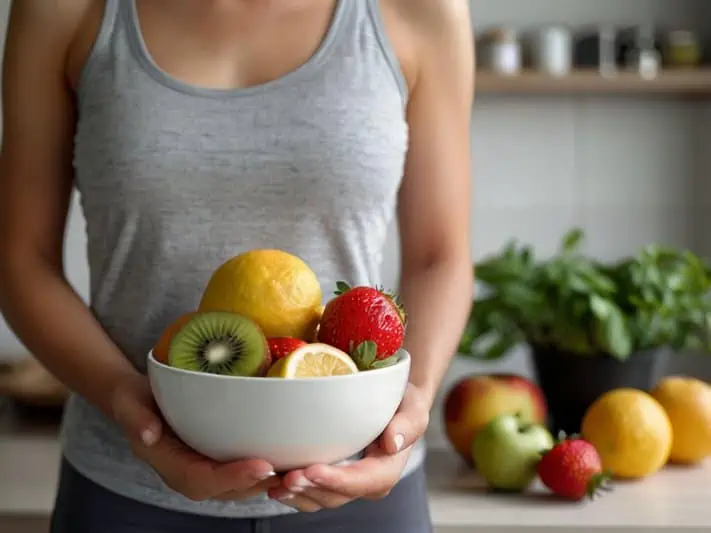 imagem de uma mulher segurando uma fruteira com frutas aporpiadas da dieta contra candidíase